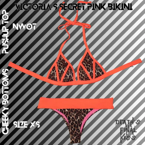 RARE Victoria's Secret PINK Hunter Orange Leopard Cheeky Tiny Pushup Bikini XS - Picture 3 of 15